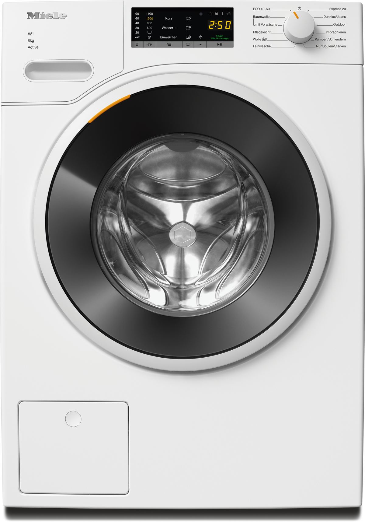 Miele WWA120 WCS Active Waschmaschine – 8 kg, 1.400 U/min, Weiß – Frontansicht in Lotosweiß