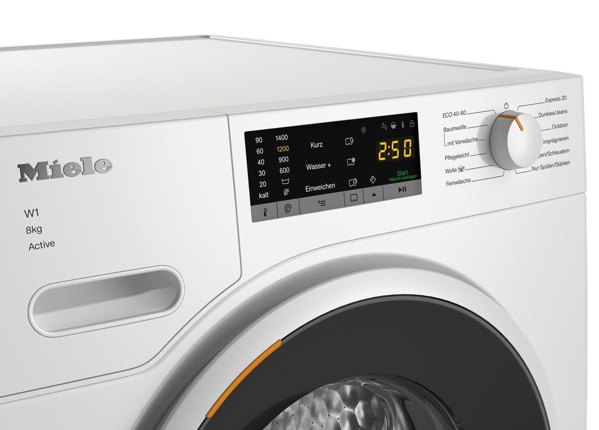 Miele WWA120 WCS Active Waschmaschine – 8 kg, 1.400 U/min, Weiß – Bedienblende und Programmwahlschalter