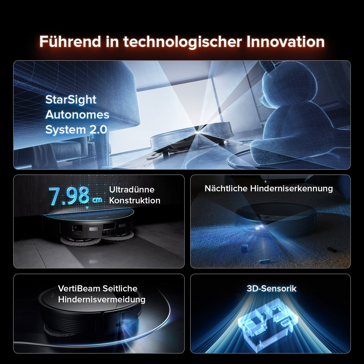 StarSight-Navigation und flache Bauform des Roborock Saros 10R
