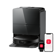 Roborock Saros 10R mit Station und App-Darstellung; Smartphone nicht enthalten