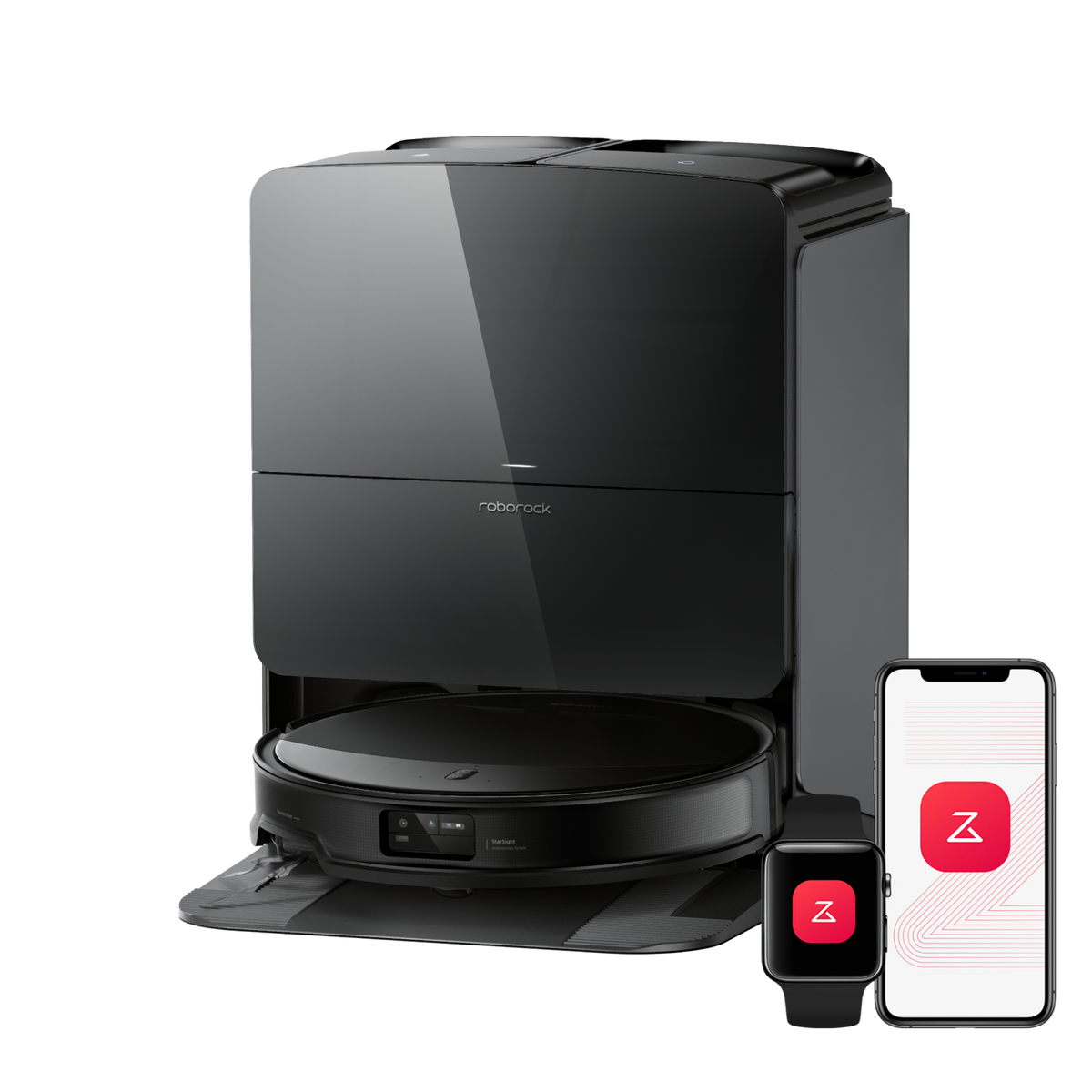 Roborock Saros 10R mit Station und App-Darstellung; Smartphone nicht enthalten